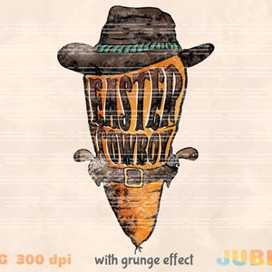 May include: A cartoon carrot wearing a brown cowboy hat with a green and white band. The carrot has a belt and a gun holster. The text "Easter Cowboy" is written on the carrot.