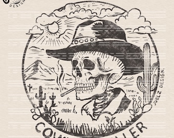 Peut inclure: Une illustration en noir et blanc d'un crâne portant un chapeau de cowboy et fumant une cigarette. Le crâne est entouré de cactus et de montagnes. Le texte "COWBOY KILLER" est écrit sous le crâne.