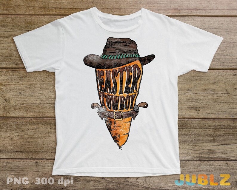 May include: White t-shirt with a cartoon carrot wearing a cowboy hat and the text "Easter Cowboy".