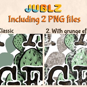 K&ouml;nnte beinhalten: Ein nahtloses Muster mit einem Kaktus und den Buchstaben "JUBLZ" in einem braunen, schwarzen und wei&szlig;en Farbschema. Das Muster ist in zwei Versionen erh&auml;ltlich: klassisch und mit Grunge-Effekt.