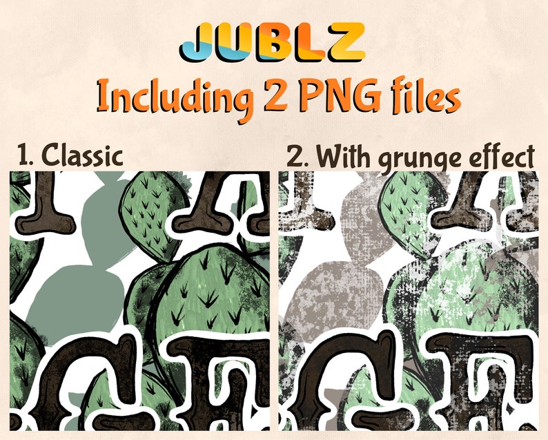 K&ouml;nnte beinhalten: Ein nahtloses Muster mit einem Kaktus und den Buchstaben "JUBLZ" in einem braunen, schwarzen und wei&szlig;en Farbschema. Das Muster ist in zwei Versionen erh&auml;ltlich: klassisch und mit Grunge-Effekt.