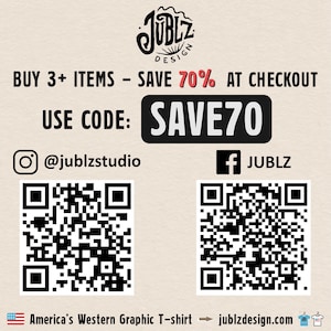 May include: A graphic design company called Jublz Design is offering a 70% discount on orders of 3 or more items. The discount code is SAVE70. The image also includes QR codes for the company's social media pages, Instagram and Facebook.