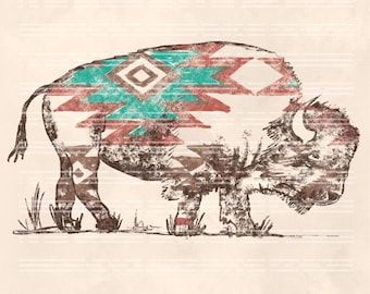Retro Buffalo PNG: Aztec Print, Western Sublimation (Digital Download)