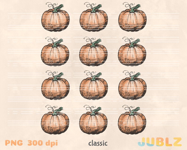 Puede incluir: Doce ilustraciones dibujadas a mano de calabazas naranjas con tallos verdes sobre un fondo beige con l&iacute;neas horizontales.