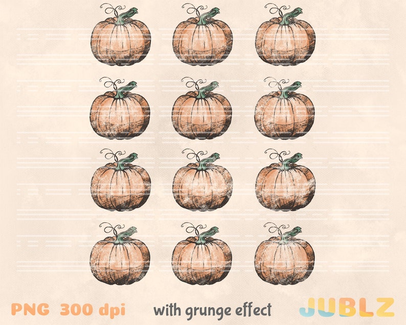 Puede incluir: Doce calabazas dibujadas a mano con efecto grunge. Las calabazas son de color naranja con tallos verdes y est&aacute;n dispuestas en una cuadr&iacute;cula.