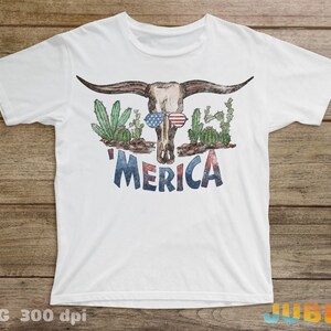 May include: White t-shirt with a distressed graphic of a bull skull wearing sunglasses and a red, white, and blue bandana. The skull is surrounded by cacti and the text 'Merica' is printed below.