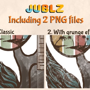May include: A digital illustration of a guitar with a retro design. The guitar is in a faded, vintage style with a brown, white, and blue color scheme. The illustration includes the text "JUBLZ" and "Including 2 PNG files".