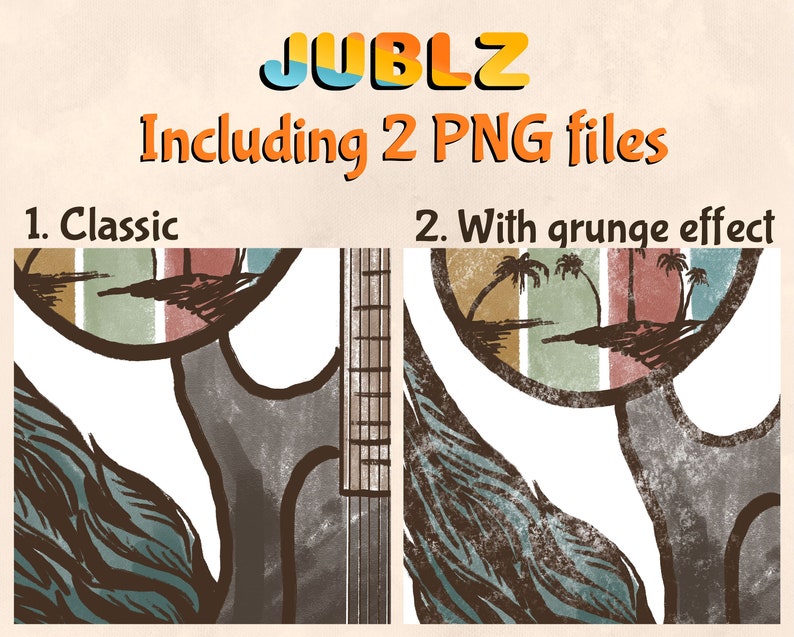 May include: A digital illustration of a guitar with a retro design. The guitar is in a faded, vintage style with a brown, white, and blue color scheme. The illustration includes the text "JUBLZ" and "Including 2 PNG files".