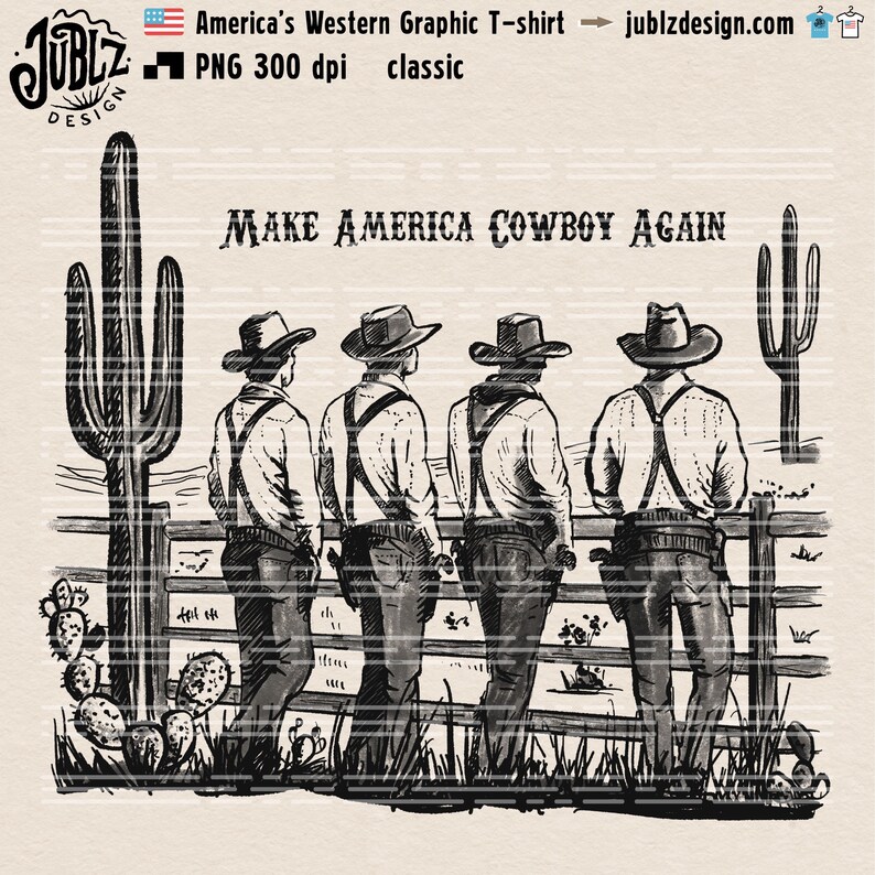 May include: Black and white illustration of four cowboys standing in front of a fence with cacti in the background. The text "MAKE AMERICA COWBOY AGAIN" is written above the cowboys.