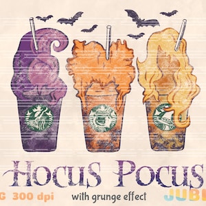 May include: Three Halloween-themed coffee cups with whipped cream resembling the Sanderson sisters from the film "Hocus Pocus". The cups are purple, orange, and blonde, with a grunge effect. The text "Hocus Pocus" is at the bottom of the image.