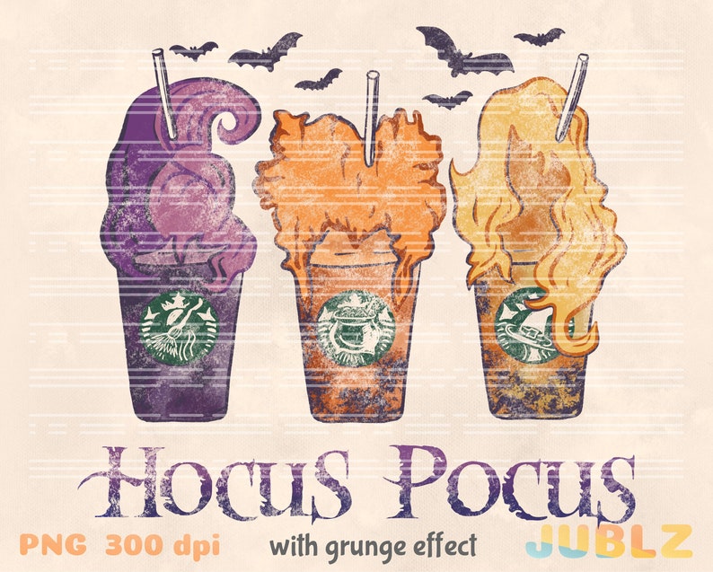 May include: Three Halloween-themed coffee cups with whipped cream resembling the Sanderson sisters from the film "Hocus Pocus". The cups are purple, orange, and blonde, with a grunge effect. The text "Hocus Pocus" is at the bottom of the image.