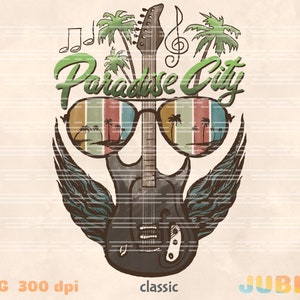 May include: A black electric guitar with wings and sunglasses. The sunglasses have a reflection of palm trees and the text "Paradise City" is above the guitar.