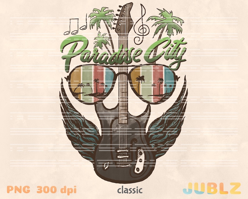 May include: A black electric guitar with wings and sunglasses. The sunglasses have a reflection of palm trees and the text "Paradise City" is above the guitar.