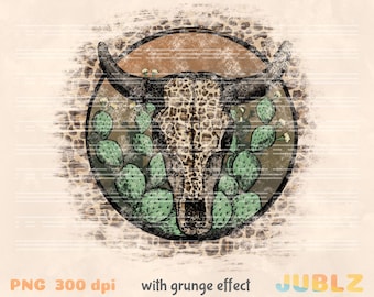 Leopard Bull Skull PNG: Wild West Cactus Sublimation Design (Digital Download)