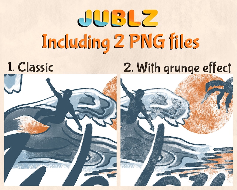May include: A digital illustration of a surfer riding a wave with a sunset in the background. The image is available in two styles: classic and with a grunge effect.