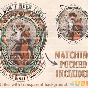 Może przedstawiać: Ilustracja w stylu vintage przedstawiająca kowbojka jeżdżącą konno z lasso. Tekst "I don't need the thanks of many to tell me what I oughta do" jest napisany w k&oacute;łku wok&oacute;ł obrazu. Obraz znajduje się na teksturowanym tle z napisami "Matching Pocket Included" i "JUBLZ" poniżej.