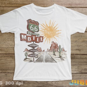 May include: White t-shirt with a vintage-style illustration of a Route 66 motel sign with a yellow sun and cacti in the background. The sign reads "Route 66 Vacancy Motel" with additional signs below that say "Queen Beds", "Color TV", and "Coffee Pots".