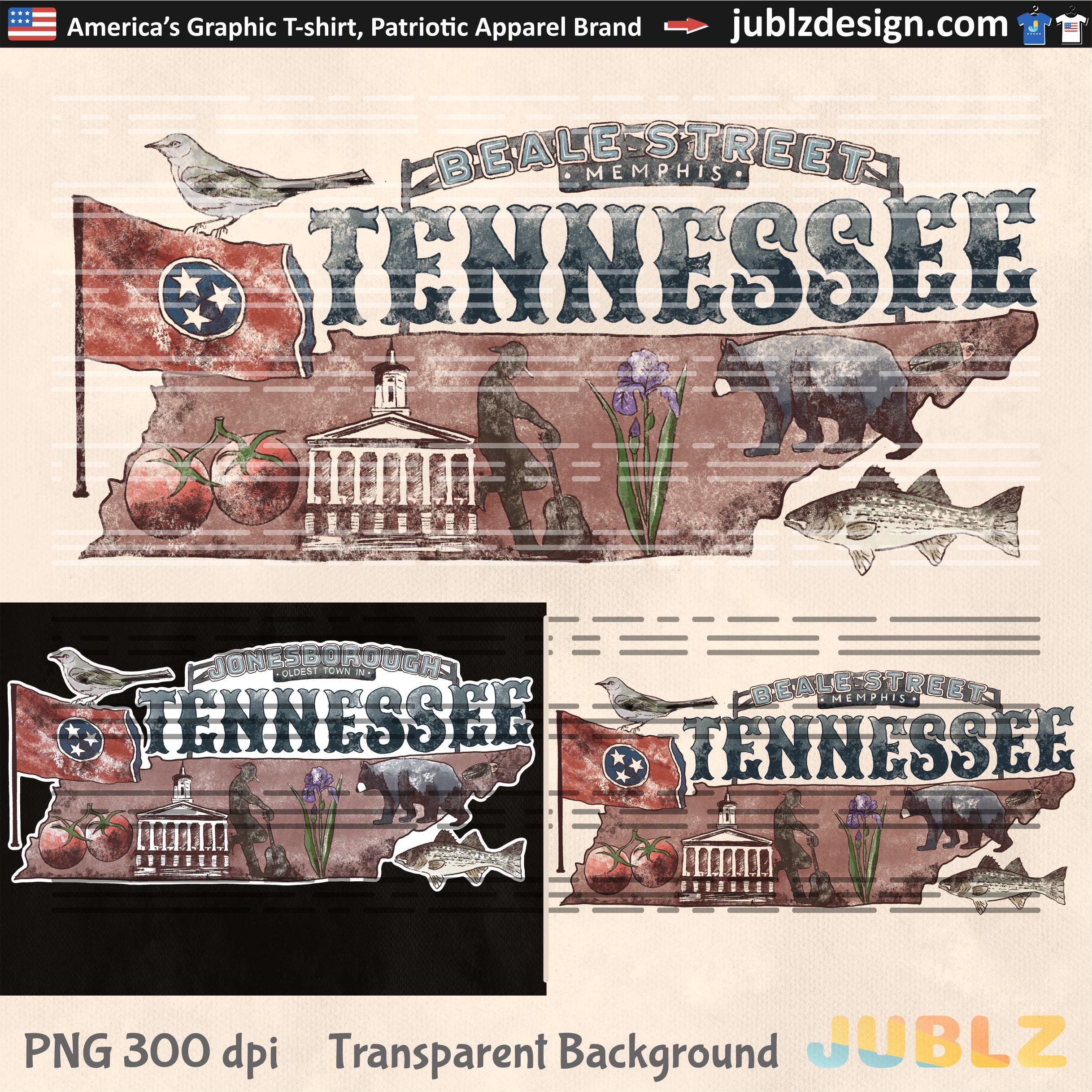Tennessee State Symbols PNG: Retro Sublimation Design (Digital Download)