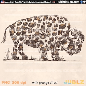 May include: A brown and tan buffalo with a leopard print pattern, standing in a field of grass. The image has a grunge effect. PNG 300 dpi with grunge effect JUBLZ
