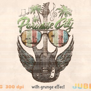 May include: A black electric guitar with wings and sunglasses, with a grunge effect. The sunglasses reflect palm trees and a sunset. The text "Paradise City" is written above the guitar.