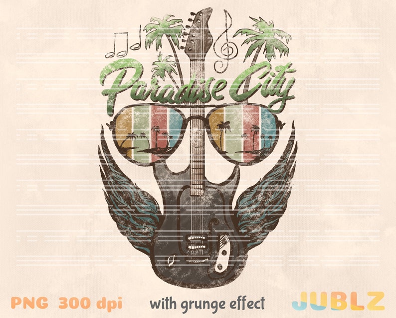 May include: A black electric guitar with wings and sunglasses, with a grunge effect. The sunglasses reflect palm trees and a sunset. The text "Paradise City" is written above the guitar.