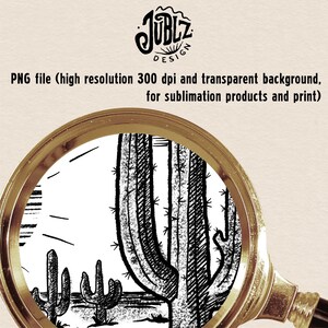 May include: Black and white line art illustration of a desert scene with three cacti. The cacti are drawn in a detailed style with visible spines and textures. The sun is shining brightly in the background.