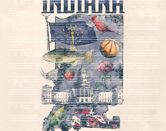 Retro Indiana State Symbols PNG: Grunge Style Design (Digital Download)
