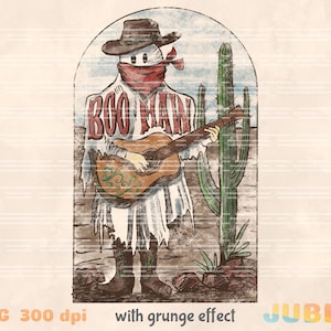 May include: A digital illustration of a cartoon cowboy playing a guitar in a desert landscape. The cowboy is wearing a red bandana and a white shirt with the words "Boo Haw" printed on it. The cowboy is standing next to a tall cactus.