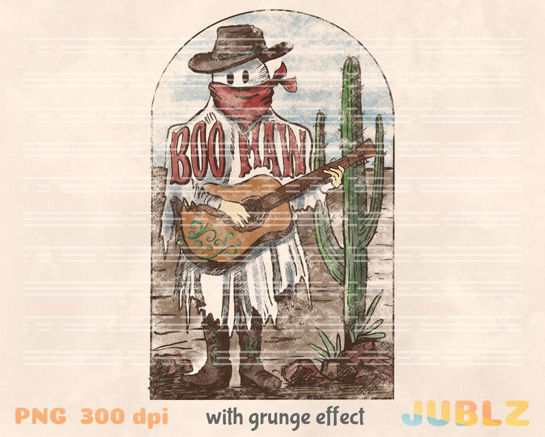 May include: A digital illustration of a cartoon cowboy playing a guitar in a desert landscape. The cowboy is wearing a red bandana and a white shirt with the words "Boo Haw" printed on it. The cowboy is standing next to a tall cactus.