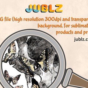 May include: A magnifying glass reveals a detailed black and white illustration of butterflies on a tree branch. The image is high resolution and has a transparent background, making it suitable for sublimation products and printing.