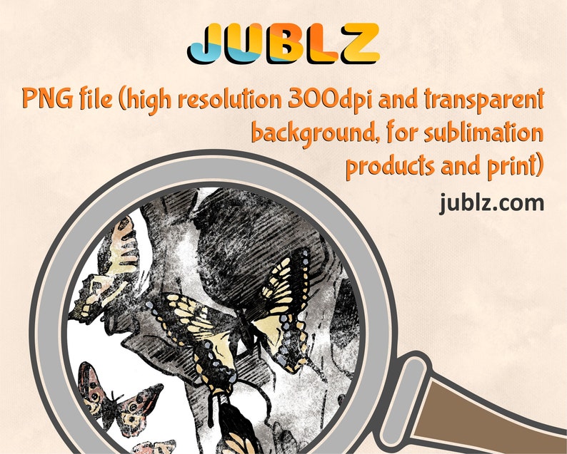 May include: A magnifying glass reveals a detailed black and white illustration of butterflies on a tree branch. The image is high resolution and has a transparent background, making it suitable for sublimation products and printing.
