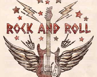 Rock and Roll Guitar Wings PNG: Vintage Sublimation Design (Digital Download)