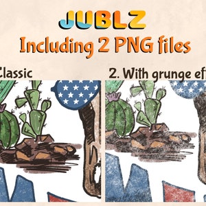 May include: A digital illustration of a cactus with a blue and white star pattern. The illustration is available in two versions: classic and with a grunge effect.