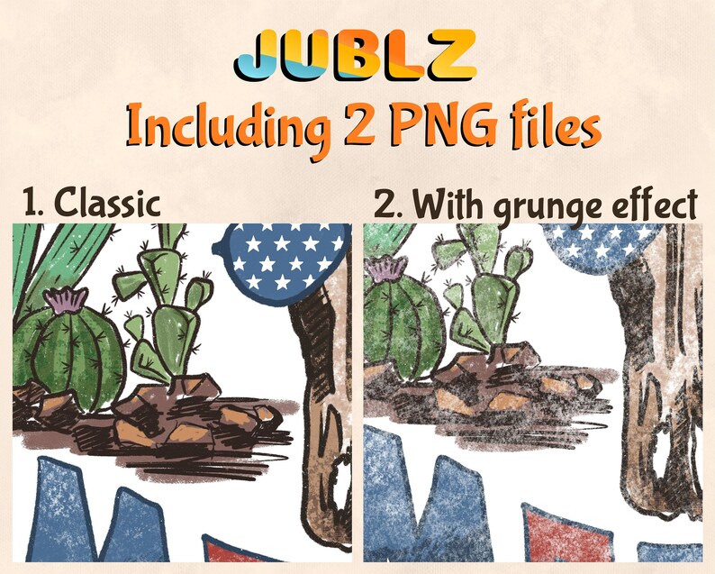 May include: A digital illustration of a cactus with a blue and white star pattern. The illustration is available in two versions: classic and with a grunge effect.