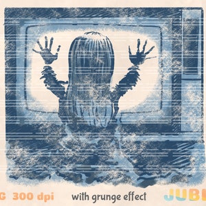 May include: A vintage-style illustration of a girl's silhouette emerging from a television screen with a grunge effect. The image is in shades of blue and white.