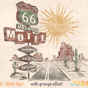 Puede incluir: Una ilustración de estilo vintage de un cartel de motel de la Ruta 66 con un paisaje desértico en el fondo. El cartel dice "Vacancy Motel" con un escudo de la Ruta 66 y el texto "Queen Beds", "Color TV" y "Coffee Pots" en carteles más pequeños debajo.