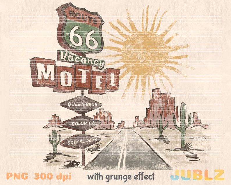 May include: A vintage-style illustration of a Route 66 motel sign with a desert landscape in the background. The sign reads "Vacancy Motel" with a Route 66 shield and the text "Queen Beds", "Color TV", and "Coffee Pots" on smaller signs below.