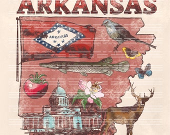 Retro Arkansas State Symbols PNG: Grunge Style (Digital Download)