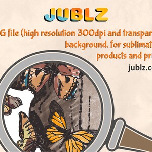 May include: A magnifying glass with a view of a colorful butterfly illustration. The illustration features a brown butterfly with blue and white accents, a yellow butterfly with black accents, and a brown butterfly with white accents. The background is a light brown color.