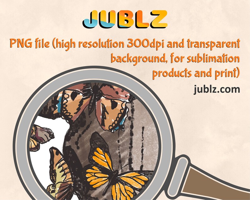 May include: A magnifying glass with a view of a colorful butterfly illustration. The illustration features a brown butterfly with blue and white accents, a yellow butterfly with black accents, and a brown butterfly with white accents. The background is a light brown color.