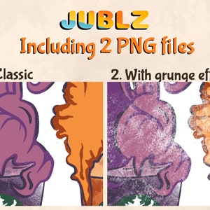 May include: Two digital illustrations of a purple and orange coffee drink with a grunge effect. The first image is a classic version, while the second image has a grunge effect.