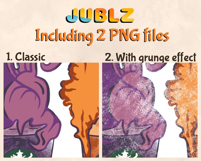 May include: Two digital illustrations of a purple and orange coffee drink with a grunge effect. The first image is a classic version, while the second image has a grunge effect.