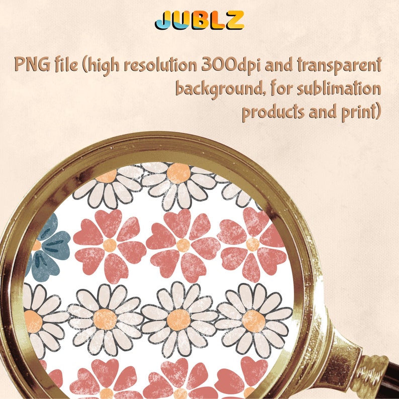 May include: A seamless pattern featuring white daisies with orange centers and pink flowers with white centers on a white background. The pattern is viewed through a magnifying glass.