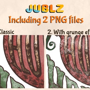 May include: Two versions of a digital illustration of the word "Jublz" in a retro style with a red, brown, and green color scheme. The first version is a classic style, while the second version has a grunge effect.
