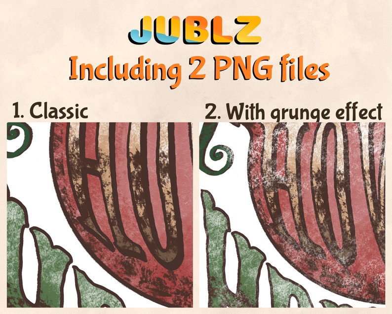 May include: Two versions of a digital illustration of the word "Jublz" in a retro style with a red, brown, and green color scheme. The first version is a classic style, while the second version has a grunge effect.