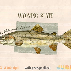 État du Wyoming poisson png, art du Wyoming, nature en plein air png, png vintage, impression d'art, décoration murale poisson, poisson png, cadeau pour papa, truite fardée