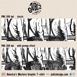 May include: Black and white illustration of three men wearing suspenders and button-down shirts. The image has a grunge effect. "America's Western Graphic T-shirt" and "jublzdesign.com" are written at the bottom of the image.