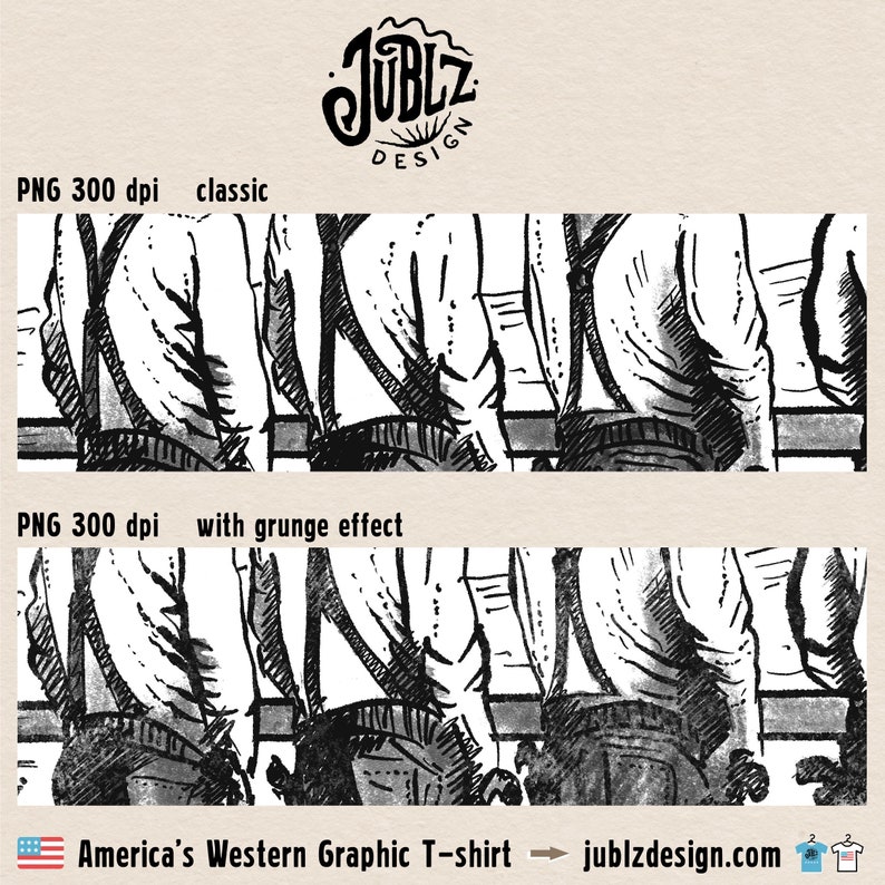 May include: Black and white illustration of three men wearing suspenders and button-down shirts. The image has a grunge effect. "America's Western Graphic T-shirt" and "jublzdesign.com" are written at the bottom of the image.