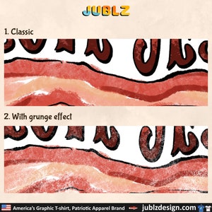 Puede incluir: Dos variaciones de un dise&ntilde;o gr&aacute;fico para una camiseta. El dise&ntilde;o presenta la palabra "JUBLZ" en una fuente estilizada con un esquema de color rojo, blanco y azul. La imagen superior muestra el dise&ntilde;o en un estilo cl&aacute;sico, mientras que la imagen inferior muestra el dise&ntilde;o con un efecto grunge.