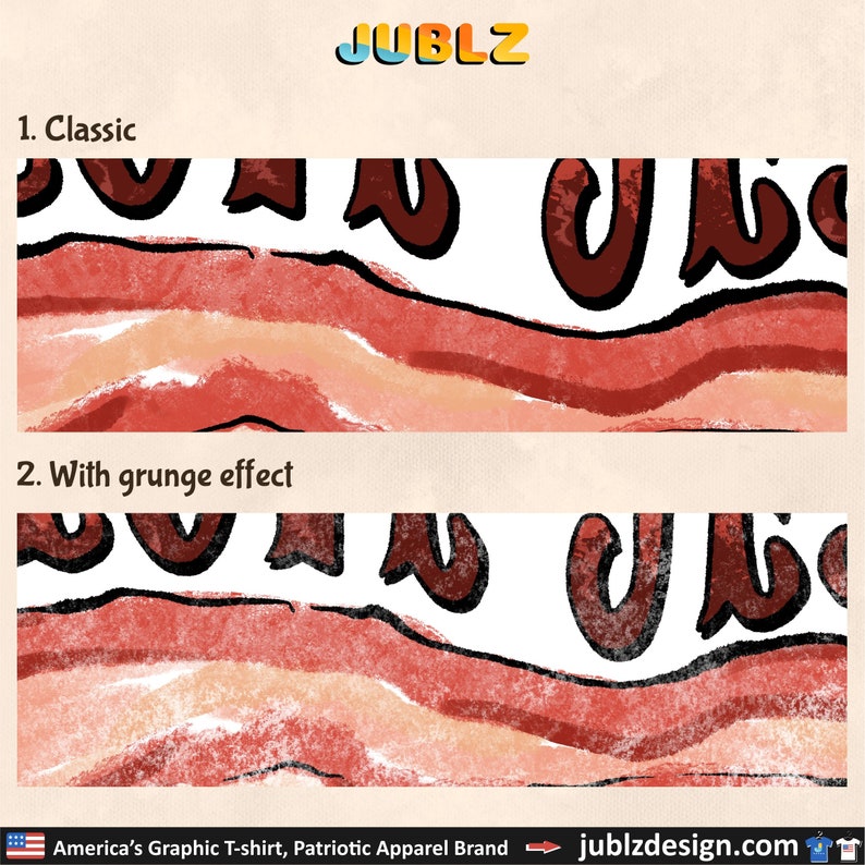 Puede incluir: Dos variaciones de un dise&ntilde;o gr&aacute;fico para una camiseta. El dise&ntilde;o presenta la palabra "JUBLZ" en una fuente estilizada con un esquema de color rojo, blanco y azul. La imagen superior muestra el dise&ntilde;o en un estilo cl&aacute;sico, mientras que la imagen inferior muestra el dise&ntilde;o con un efecto grunge.